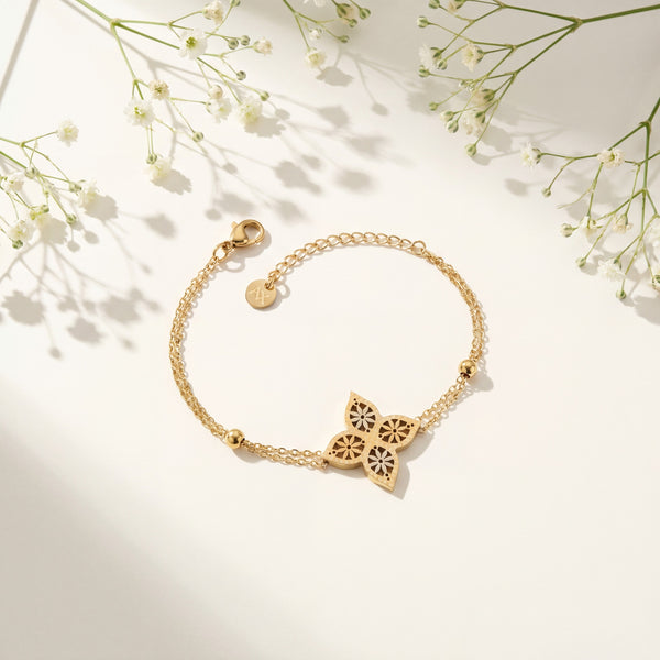 Gold Plated Delicate Chain Bracelet with Twin Filigree Quatrefoil Clover Charm Center and Lobster Clasp
