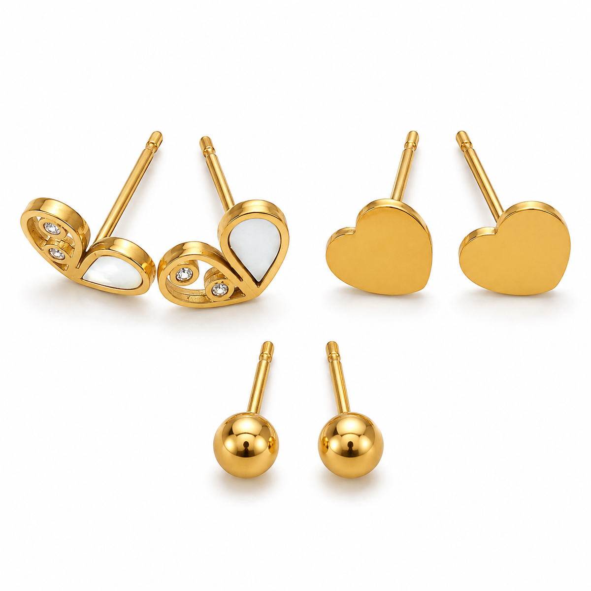 Earrings White Enamel Petal, Coral Heart & Gold Ball Stud Earrings Set of 3 Pairs