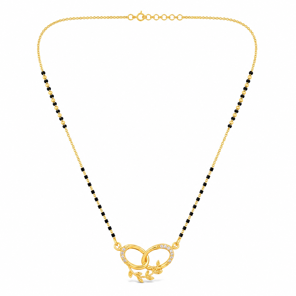 KZ Gold Plated Linked Rings Vine CZ Mangalsutra for Women Black Bead Chain Double Circle Pendant FS