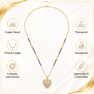 KZ Gold Plated Pave Heart CZ Mangalsutra for Women Black Bead Chain Full CZ Heart Pendant FS
