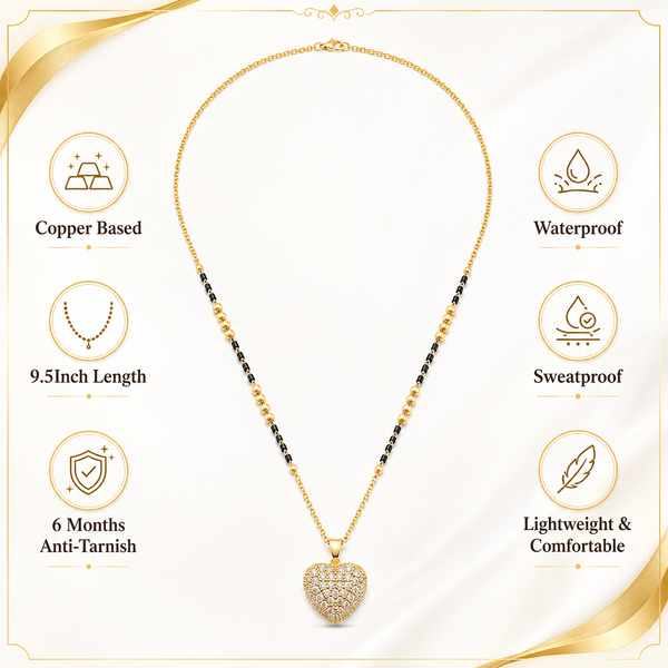 KZ Gold Plated Pave Heart CZ Mangalsutra for Women Black Bead Chain Full CZ Heart Pendant FS