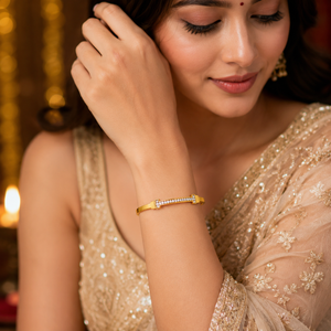 Gold Oval Bezel Diamond Accent Kada for Women | Ellipse Stone Stainless Steel Ladies Bangle | Sleek Festive Jewellery