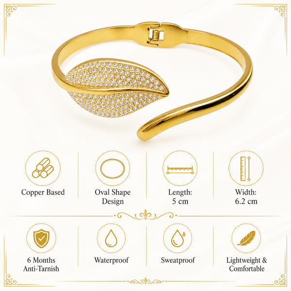 Gold Bright Satin Matte Diamond Oval Kada for Women | Dual Finish Stone Stainless Steel Ladies Bangle | Contemporary Festive Jewellery