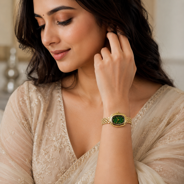 Watches Gold-Tone Round Green Dial Panther Link Bracelet Watch for Women
