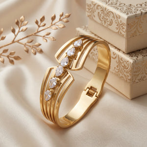 Multi-Cut CZ Cluster Bypass Baby Kada Bangle | Gold Plated Marquise Baguette Statement Cuff for Women