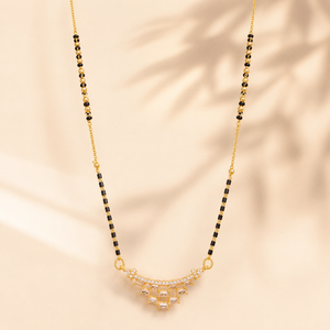 KZ Gold Plated Baguette Arc CZ Mangalsutra for Women Black Bead Chain Cascading Fan Pendant FS