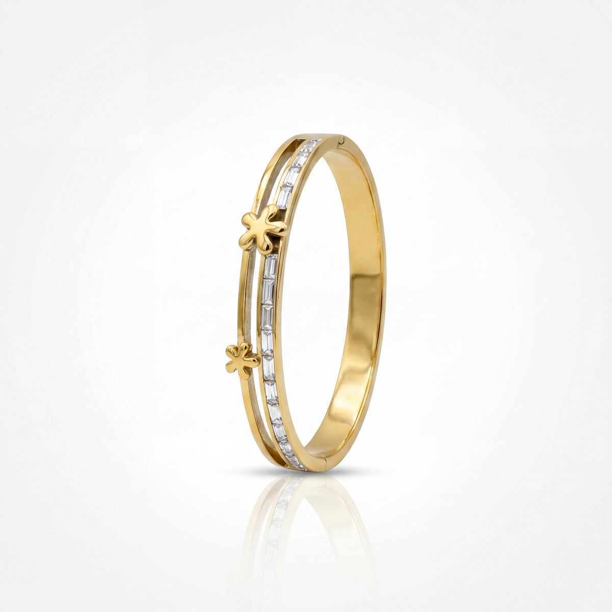 Floral Star Accent Pave CZ Baby Kada Bangle | Gold Plated Slim Stackable Bracelet for Women