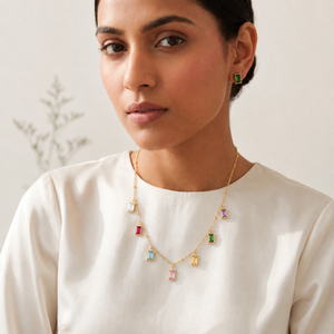 Anti tranish Gold plated 150 No. Minimal Square Multicolour solitare pendant with Studd green Square earring for adults - 1 Pc
