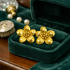 Anti-tarnish gold flower stud earrings in green velvet jewelry box - House of Viya
