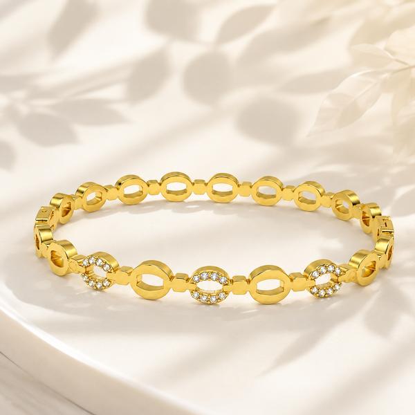 Gold Eternity Diamond Set Oval Kada for Women | All Around Stone Stainless Steel Ladies Bangle | Full Coverage Festive Jewellery