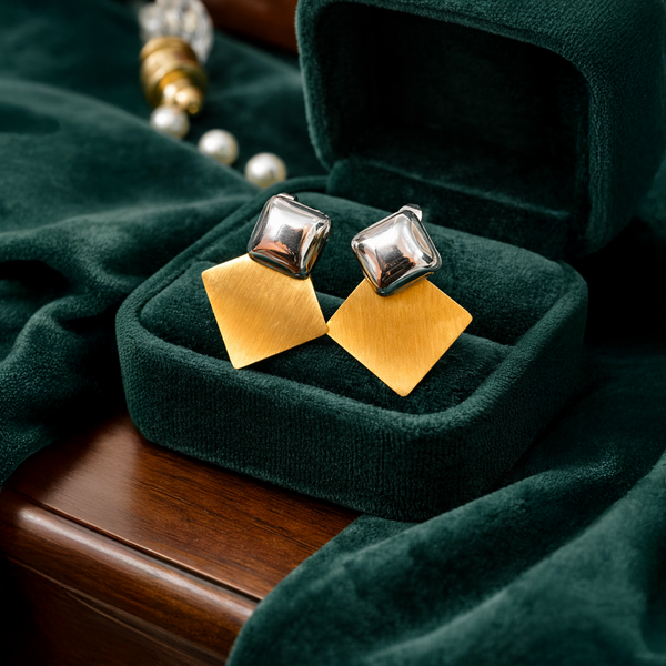 Anti-Tarnish Gold Plated Silver Stud with Gold Square Earrings - 1 Pair