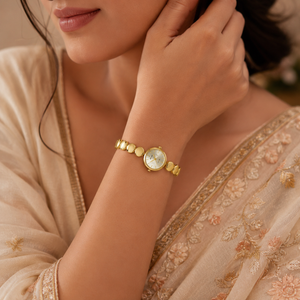 Watches Gold-Tone Round Dial Beaded Bracelet Watch for Women
