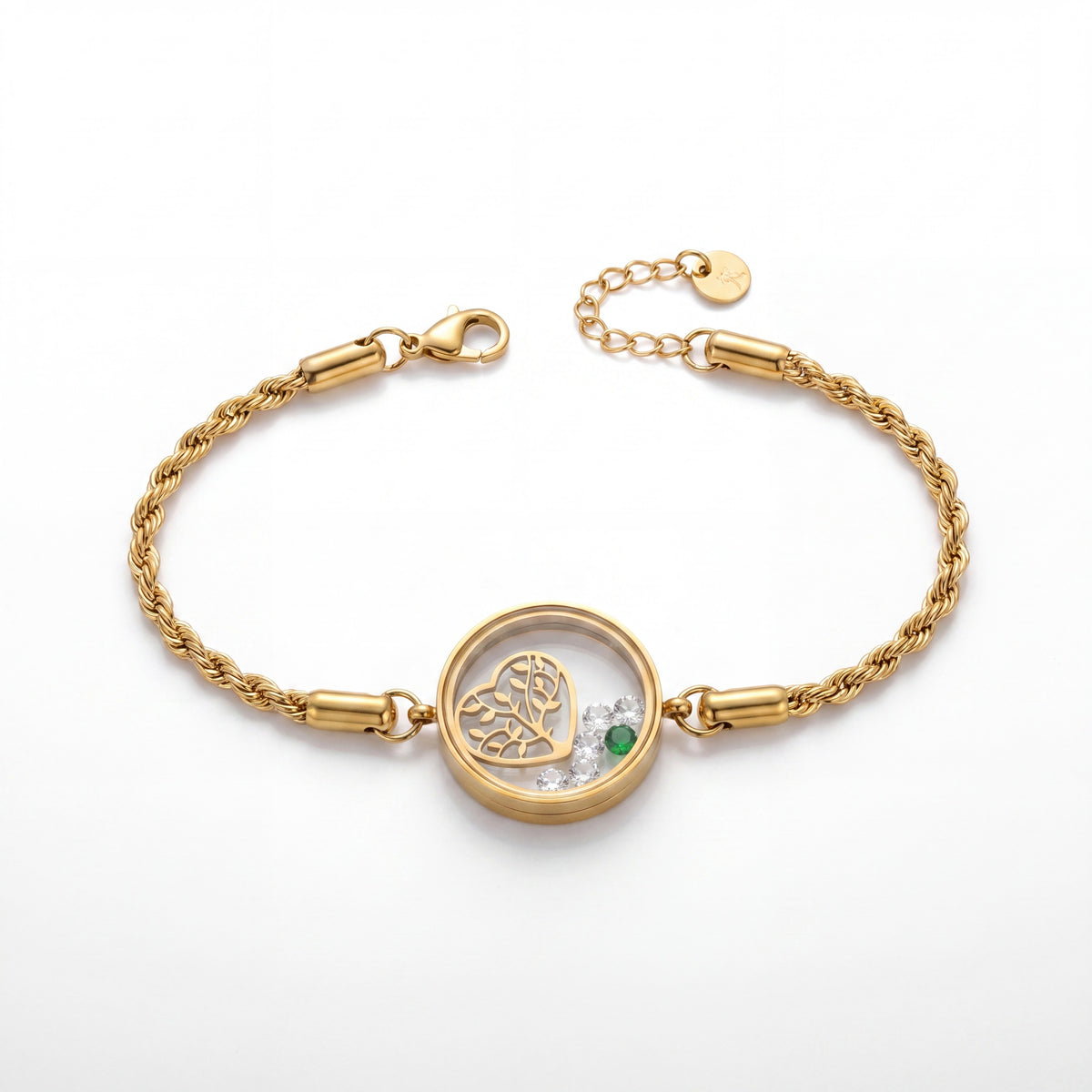 Gold Plated Rope Chain Bracelet with Round Floating Glass Locket Charm and White Stones Inside