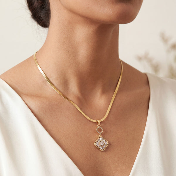 Gold Rhombus CZ Pendant Snake Chain Anti-Tarnish Necklace