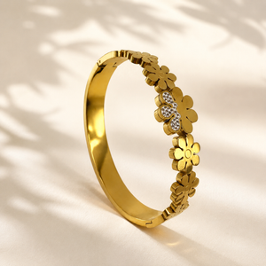 Gold Leaf Engraved Diamond Oval Kada for Women | Botanical Motif Stone Stainless Steel Ladies Bangle | Nature Festive Jewellery