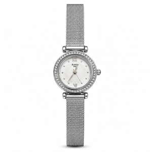 Watches Silver-Tone Round Dial Crystal Studded Bezel Mesh Bracelet Watch for Women