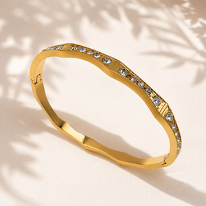 Gold Marquise Diamond Accent Oval Kada for Women | Elongated Stone Stainless Steel Ladies Bangle | Elegant Festive Jewellery
