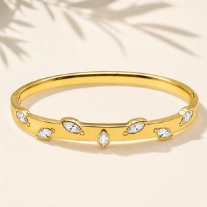 Real Oval Marquise White Stone Gold Oval Kada for Women | Bezel Set Crystal Stainless Steel Ladies Bangle | Classic White Stone Jewellery