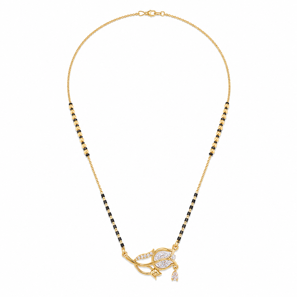 KZ Gold Plated Tulip Leaf CZ Mangalsutra for Women Black Bead Chain Petal Pear Drop Pendant FS