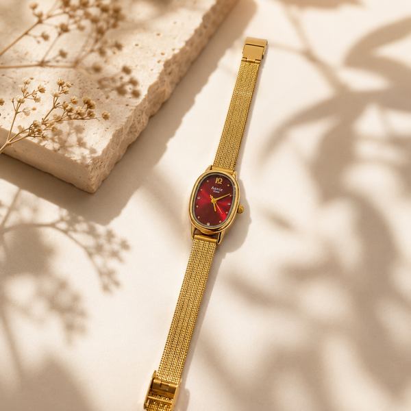 Watches Gold-Tone Barrel Maroon Dial Mesh Bracelet Watch for Women