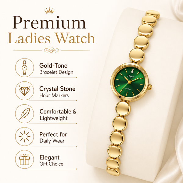 Watches Gold-Tone Green Round Dial Beaded Bracelet Watch for Women