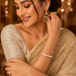 Gold Channel Set Baguette Diamond Row Kada for Women | Center Panel Small Stone Stainless Steel Ladies Bangle | Premium Festive Jewellery
