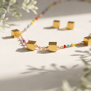 Anti tranish Gold plated 150 No. Minimal square drop pendant Chain with Studd square earring for adults - 1 Pc