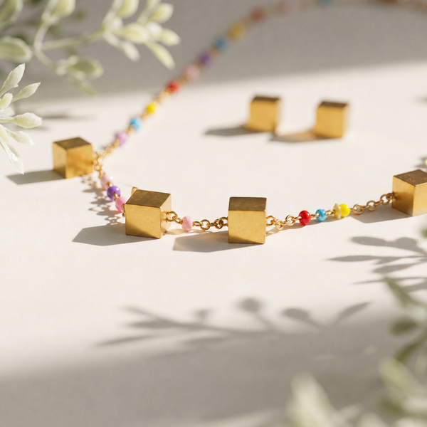 Anti tranish Gold plated 150 No. Minimal square drop pendant Chain with Studd square earring for adults - 1 Pc