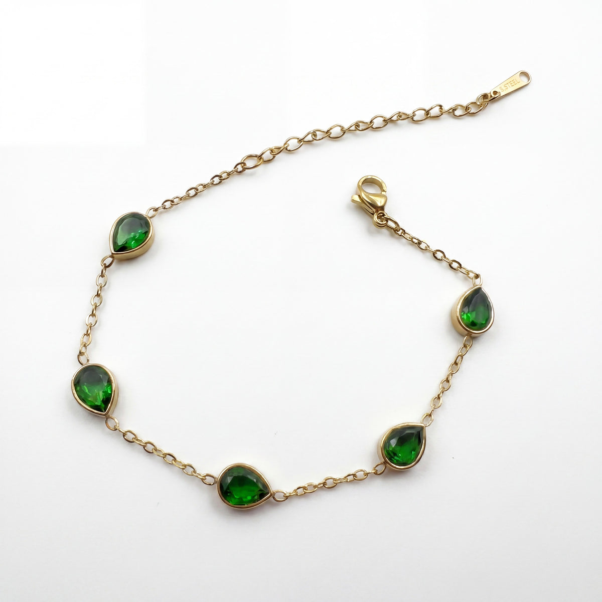 Gold Plated Green Teardrop Stone Bezel Station Chain Bracelet with Lobster Clasp