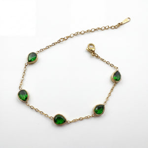 Gold Plated Green Teardrop Stone Bezel Station Chain Bracelet with Lobster Clasp