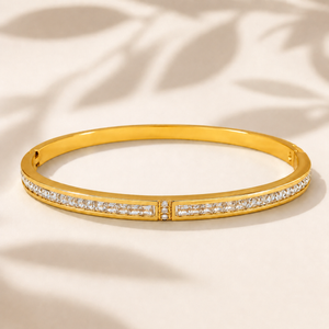 Gold Channel Set Baguette Diamond Row Kada for Women | Center Panel Small Stone Stainless Steel Ladies Bangle | Premium Festive Jewellery