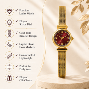 Watches Gold-Tone Pear Shape Red Dial Crystal Mesh Bracelet Watch for Women