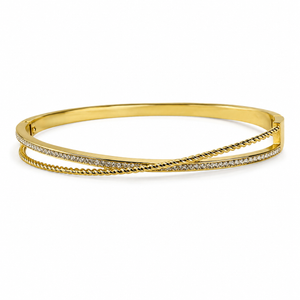 Gold Burnish Set Diamond Oval Kada for Women | Smooth Flush Stone Stainless Steel Ladies Bangle | Ultra Sleek Festive Jewellery