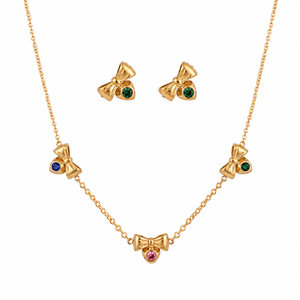Anti tranish Gold plated 150 No. Minimal Multi Color Bow drop pendant Chain with Studd bow earring for adults - 1 Pc