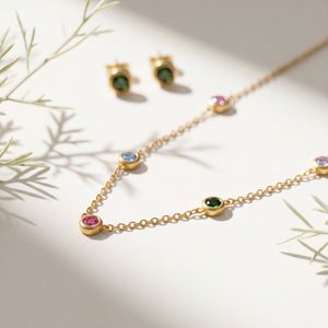 Anti tranish Gold plated 150 No. Minimal round Multicolour solitare pendant with Studd green round earring for adults - 1 Pc
