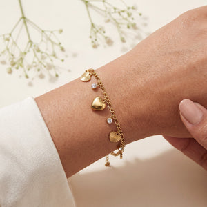 Gold Plated Chain Bracelet with Heart Fan Shell and White Stone Solitaire Dangling Charms