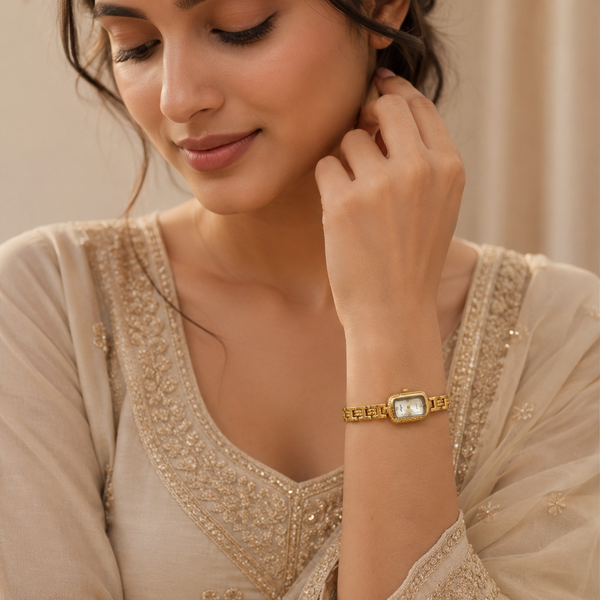 Watches Gold-Tone Rectangular Dial Crystal Studded Bracelet Watch for Women