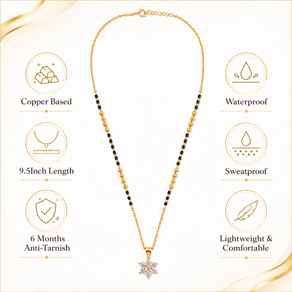 KZ Gold Plated Star Cluster CZ Mangalsutra for Women Black Bead Chain 6 Point Star Pendant FS