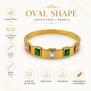 Gold Multicolor Gemstone Panel Oval Kada for Women | Pink Green White Stone Stainless Steel Ladies Bangle | Vibrant Festive Jewellery