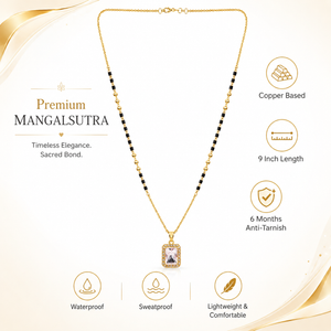 KZ Gold Plated Emerald Cut Halo CZ Mangalsutra for Women Black Bead Chain Rectangle Solitaire Pendant FS