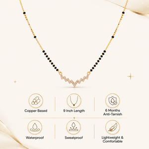 KZ Gold Plated Zigzag Bar CZ Mangalsutra for Women Black Bead Chain Wave Lightning Pendant FS