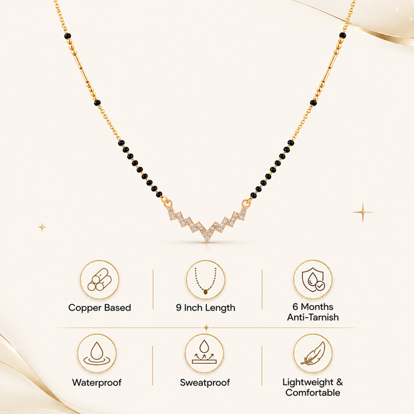 KZ Gold Plated Zigzag Bar CZ Mangalsutra for Women Black Bead Chain Wave Lightning Pendant FS