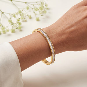 Slim Baguette CZ Eternity Baby Kada Bangle | Gold Plated White Stackable Bracelet for Women