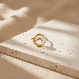 Gold Plated Round Solitaire White CZ Bezel Ring | Minimalist Everyday Statement Ring
