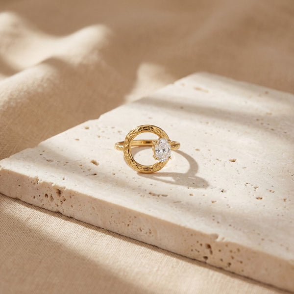 Gold Plated Round Solitaire White CZ Bezel Ring | Minimalist Everyday Statement Ring