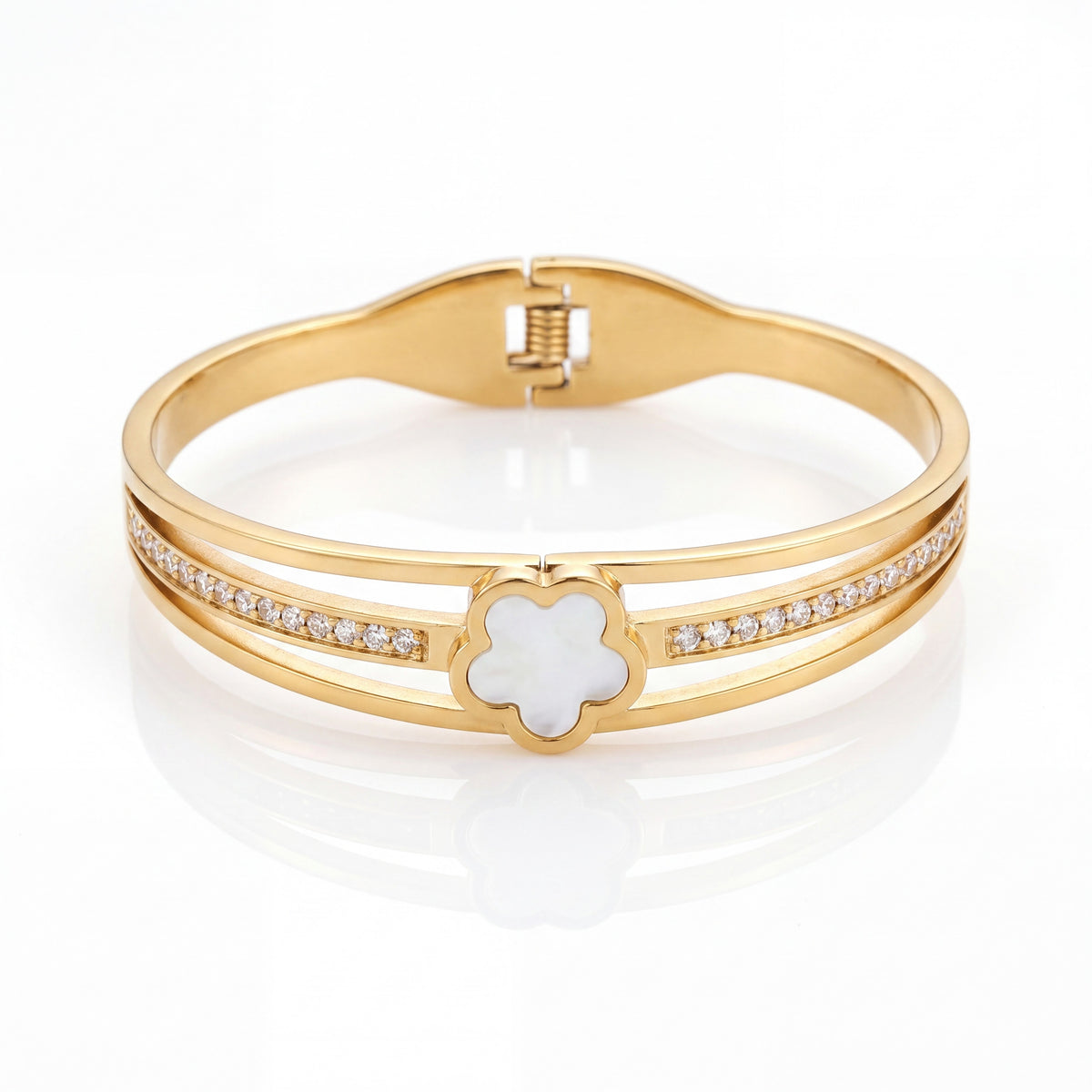 Mother of Pearl Five Petal Flower Baby Kada Bangle | Gold Plated Pave CZ Floral Cuff for Women