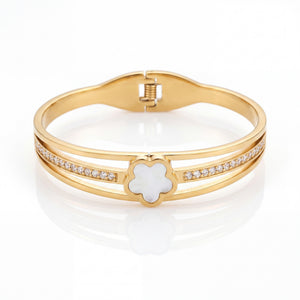 Mother of Pearl Five Petal Flower Baby Kada Bangle | Gold Plated Pave CZ Floral Cuff for Women