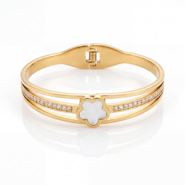 Mother of Pearl Five Petal Flower Baby Kada Bangle | Gold Plated Pave CZ Floral Cuff for Women
