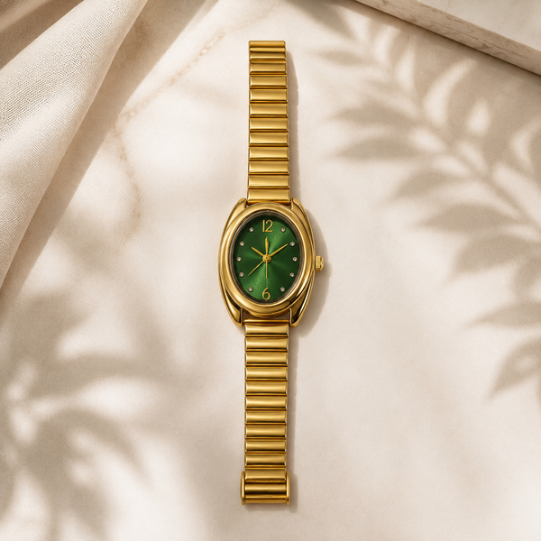 Watches Gold-Tone Oval Green Dial Classic Stretch Bracelet Watch for Women