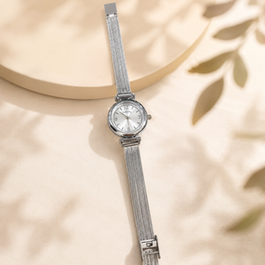 Watches Silver-Tone Round Dial Minimal Mesh Bracelet Watch for Women